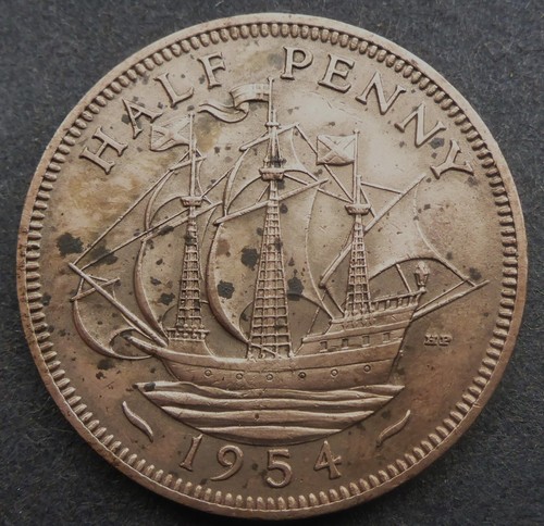 BRITISH 1954 1/2 PENNY "THE GOLDEN HINDE" 71 YEARS OLD! FREE SHIP WORLDWIDE