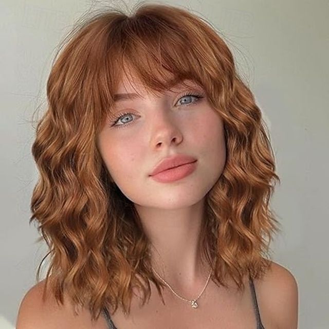 Ginger Brown Short Wave Wig with Bangs 13x4 Lace Front Human  display picture 1