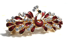 Stunning Peacock Design Hair Barrette Red Enamel with Clear Rhinestones