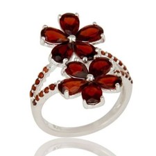 Natural Garnet Gemstone 925 Sterling Silver Flower Design Solitaire Ring Jewelry