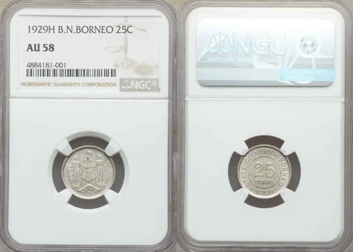 Rare 1929 British North Borneo Small Silver Coin 25 Cents Mint Mark H NGC AU 58