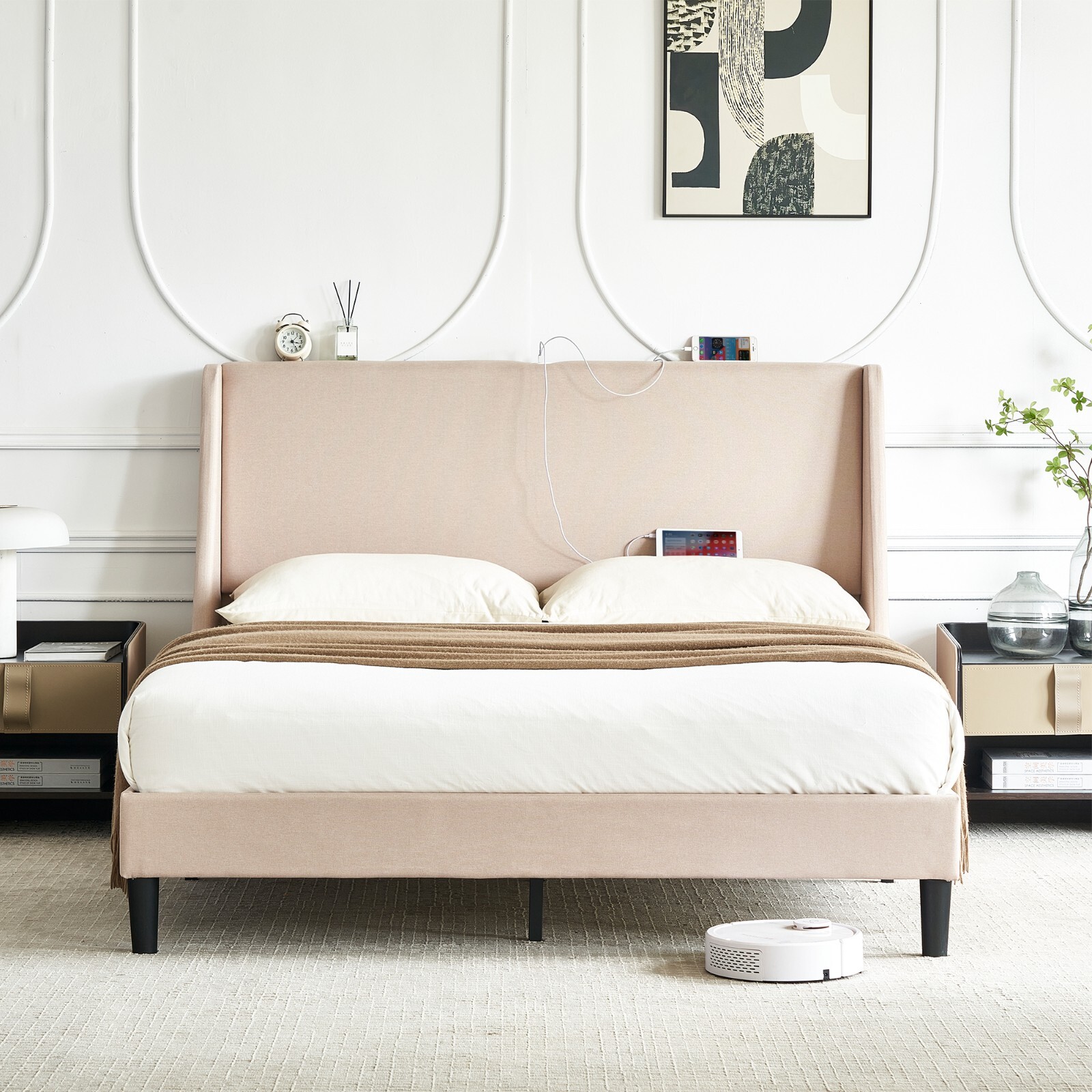Full/queen Size W/wing Side Upholstered Headboard And Usb Ports