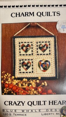 VTG Blue Whale Designs Cross Stitch Kit Crazy Quilt Heart Includes Charm