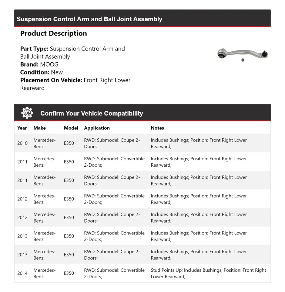 For 2010-2014 Mercedes-Benz E350 RWD Control Arm Front Right Lower Rearward MOOG - Image 2 of 4