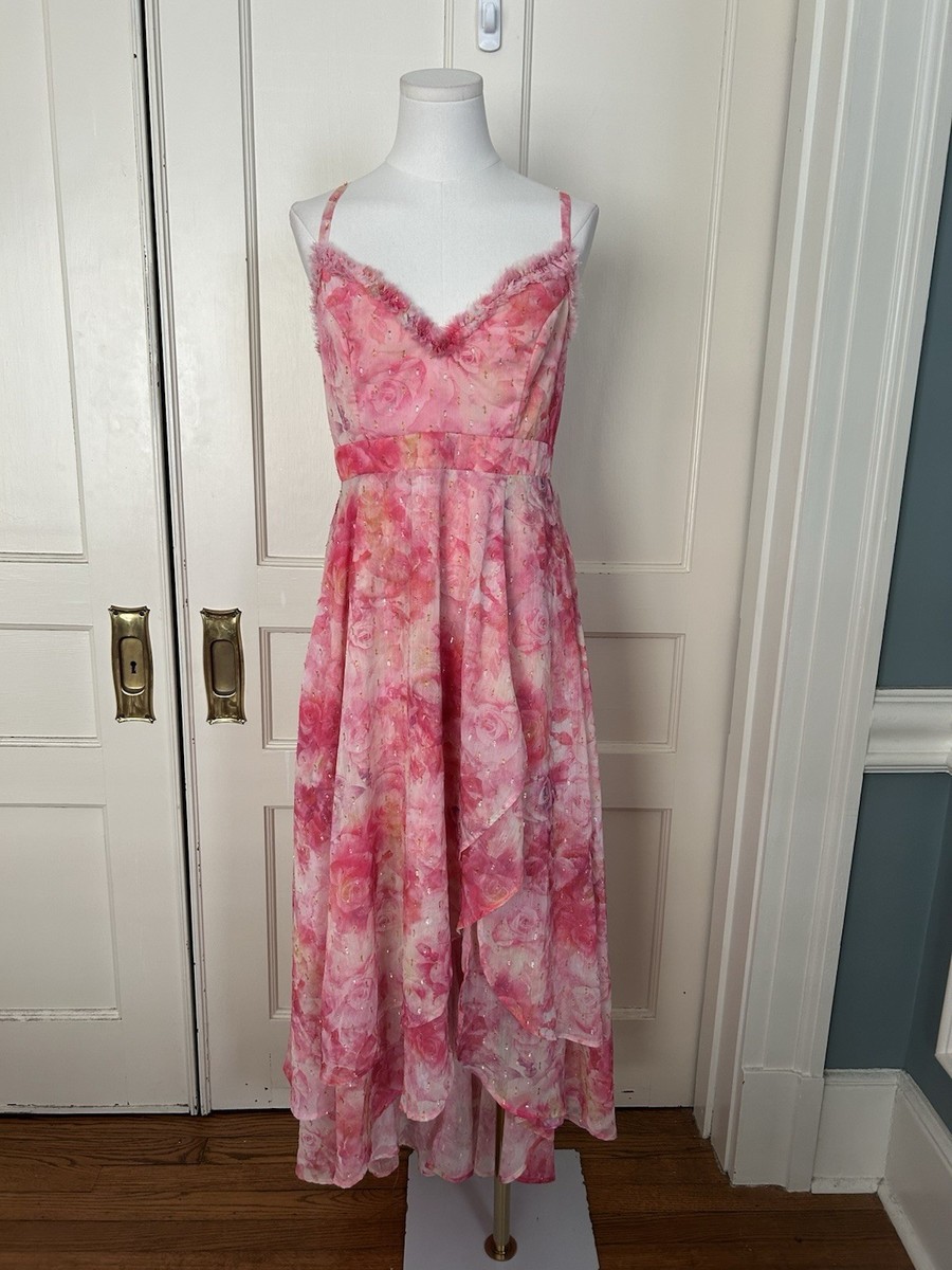Lulus Floral Sparkle Hi Low Ruffle Maxi Dress Womens Size Medium Pink  Colorful | eBay