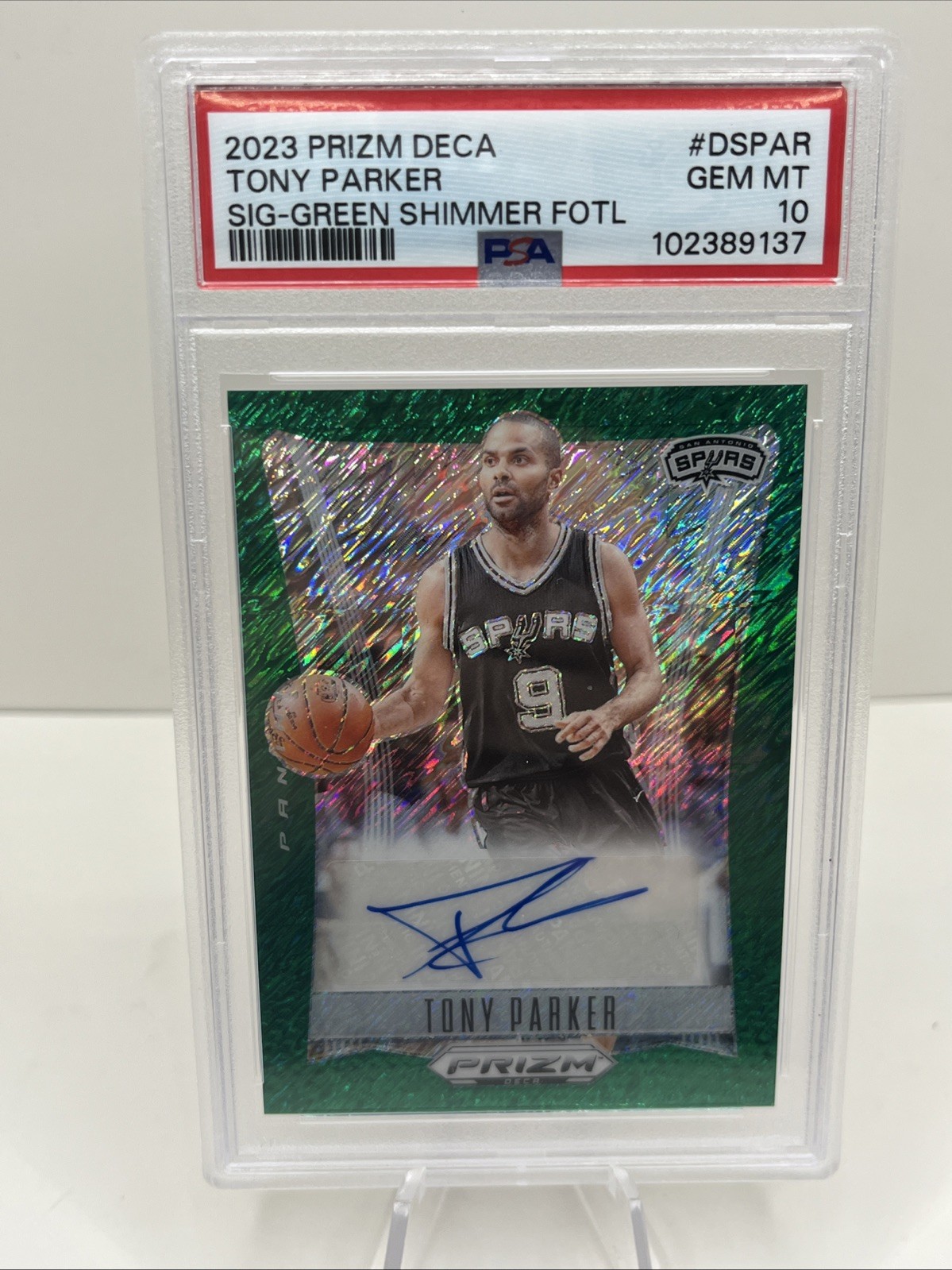 2023 Tony Parker Prizm Deca Green Shimmer FOTL Auto /15 PSA 10