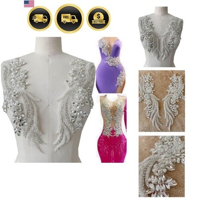 Handmade Rhinestones lace Applique handsewing Beads Trim Patches for Dress Cl...