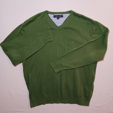 Tommy Hilfiger Mens Pullover Sweater Large Green V Neck Tight Knit