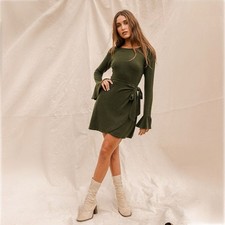 Lulus NWT Favorite Tune Faux Wrap Sweater Dress in Olive Green XS