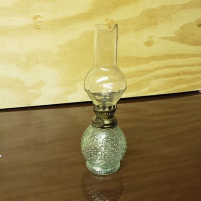Vintage Minature Hobnail Glass Oil Lamp (globe has piece out at top) 8.5'' Tall