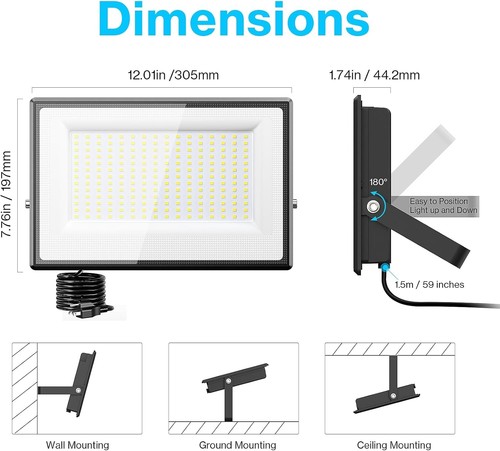 Energy-Efficient Black LED Flood Light 2 Pack - 200W Plug & Play Floodlights - Picture 8 of 9