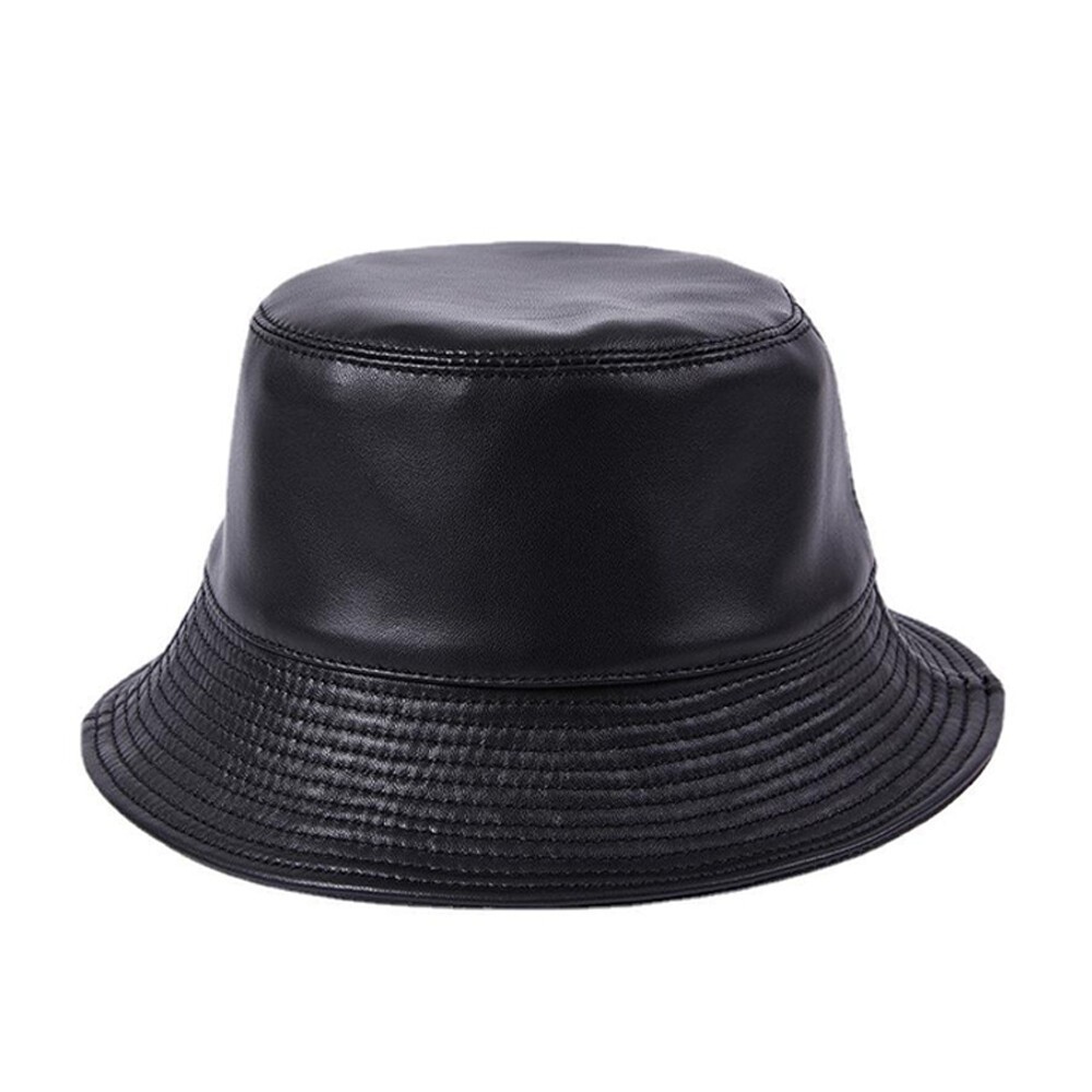 Fashion Men Women Leather Bucket Hat Black Fisherman Cap For Outdoor Camping