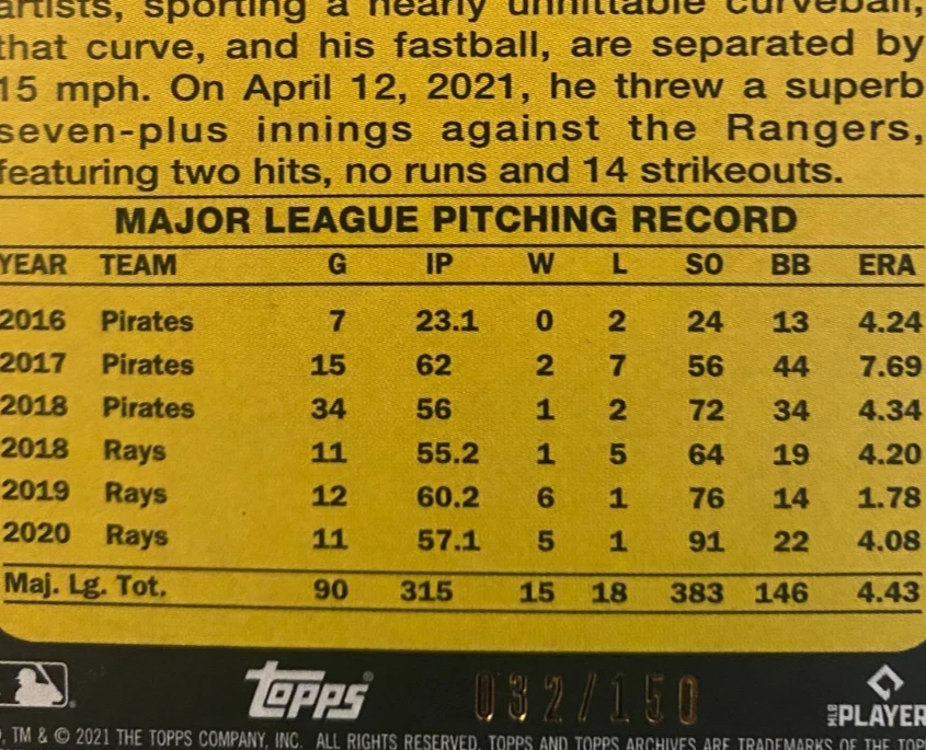 2021 Topps Archives - 1973 Topps Tyler Glasnow #114 Silver Parallel /150 , SP - Image 3 of 3