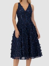 Eliza J Women's Blue 3D Floral Sequined V-Neck Midi Dress Size 12