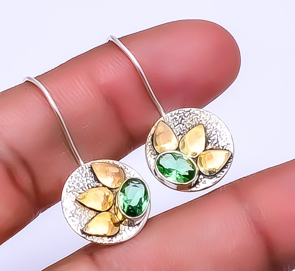 Simulated Emerald 925 Sterling Silver Two-Tone Dangle Earrings 1.25 Inch