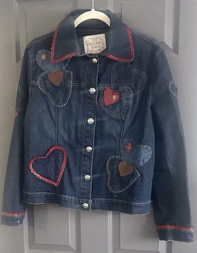 Brighton Embroidered FOLLOW YOUR HEART Leather Hearts Women's Med Denim Jacket