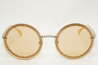 Chanel Sunglasses Chain Round Rimless Metal Silver Light Brown CH