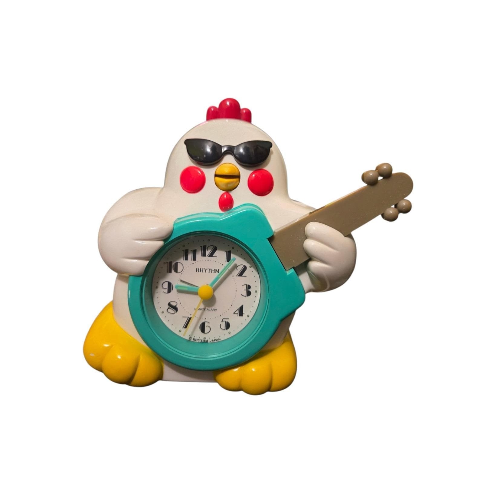 Rhythm Japan Chicken Guitar Alarm Clock Rock n Roll 4 RE 441 White Yellow Vintage photo Rhythm Japan Chicken Guitar Alarm Clock Rock n Roll 4 RE 441 White Yellow Vintage featured image