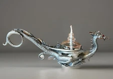 VTG Pewter Dragon Chamber Oil Lamp Bedroom US Made Rawcliffe John Dennett 8”