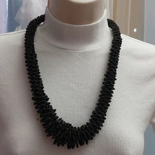 Unique Vintage Black Loopy Woven Seed Beads Graduated Necklace Artisan