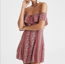 American Eagle Outfitters boho Off Shoulder Ruffle Floral Stripe Short Dress