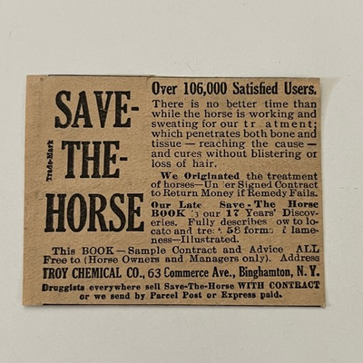 #ad Troy Chemical Co. Save the Horse Binghamton NY 1913 Nebraska Clipping SAI7 S46 $27.00