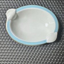 Vtg Ben Rickert Oval Soap Dish White Ceramic Seashell Turquoise Gold Trim Beach