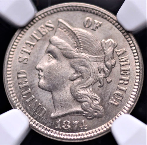 1874 THREE CENT NICKEL NGC MS 63 HIGHLY LUSTROUS AND WELL STRUCK SOFT SILVERY