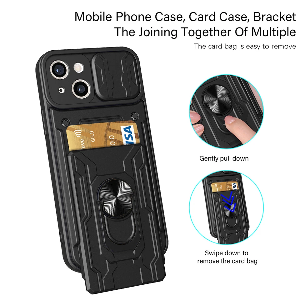 For iPhone 14 Pro 13 15 Pro Max Shockproof Stand Case Camera Cover Card Slot - Image 3 of 4