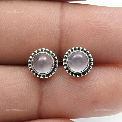 Rose Quartz Gemstone 925 Silver Bezel Stud Earrings Women Gift Jewellery - Picture 4 of 7