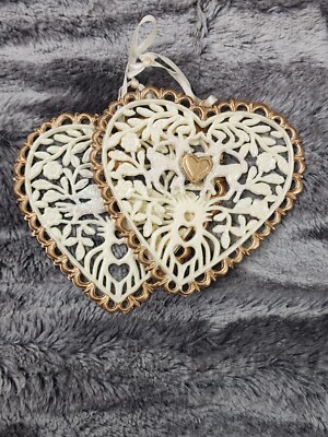 Christmas Ornament Heart Reindeer Dove Lace Shatterproof Holiday Set of 2