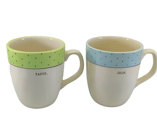 RAE DUNN Magenta Artisan Collection Coffee Mug TASTE GULP Green Blue Black Dots 
