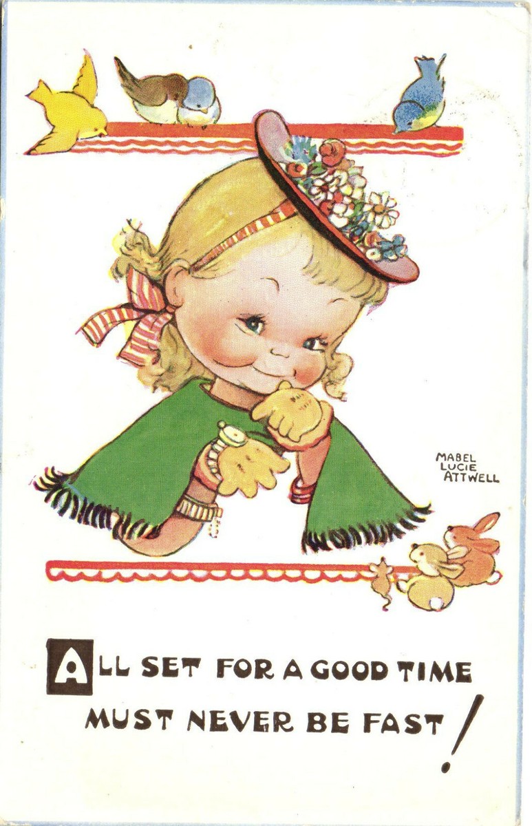 ヴィンテージ メイベル・ルーシー・アトウェル ソーサーオー1930年頃 PC MABEL LUCIE ATTWELL, ARTIST SIGNED, ALL SET, Vintage Postcard