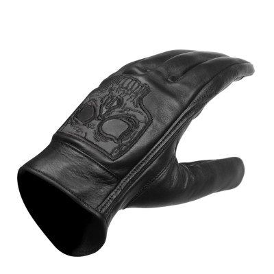 Premium Leather Motorcycle Glove w Reflective Skull Embroidered Design Gel Palm