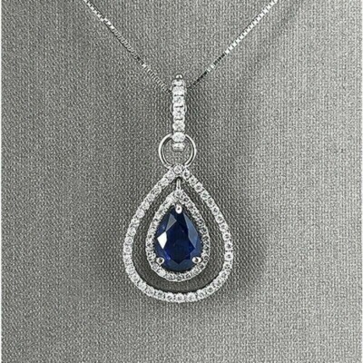 Pear Cut Simulated Blue Sapphire Women's Halo Pendant In 14K White Gold Plated