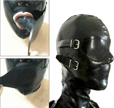 Hood with Removable Eyes and Mouth Mask Latex Rubber Open Eyes Back Zipper L