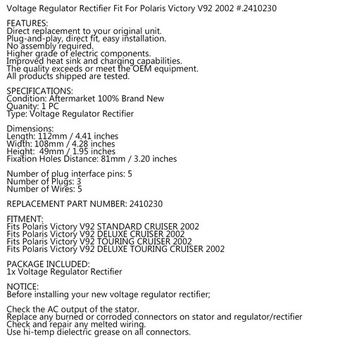 Rectifier Regulator for Polaris Victory V92 CRUISER STANDARD DELUXE TOURING 2002 - Picture 10 of 11