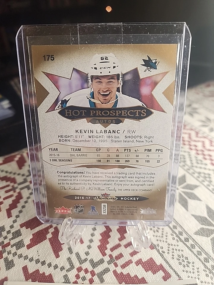 KEVIN LABANC 16-17 FLEER SHOWCASE HOT PROSPECTS ROOKIE AUTO #/499 - Blue Jackets - Image 4 of 4