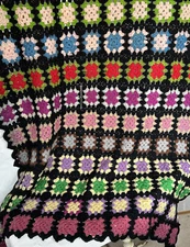 Vintage Homemade Afghan Crochet Blanket Multicolor Black Granny Square 75”x 44”