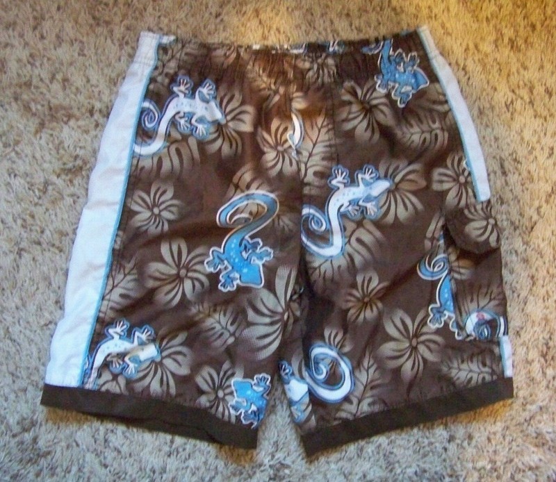 Boys Swim Trunks Brown with Geckos No Size Tag Waist is 21 Inches EUC!!!