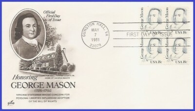 USA3 #1858 U/A ARTCRAFT FDC BL4 George Mason | eBay