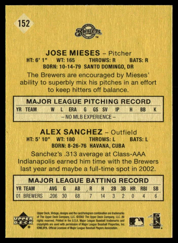 2002 Upper Deck Vintage - Alex Sanchez, Jose Mieses #152 - Image 2 of 2