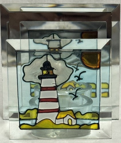 Stained Glass Lighthouse 3” Votive Tea Light Candle Holder Mirror Background 4” - Afbeelding 1 van 12