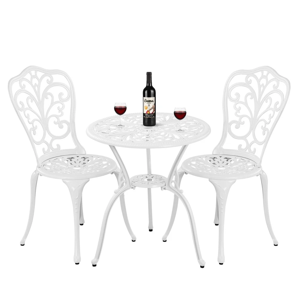 Bistro Set 3 Piece Outdoor Cast Iron Bistro Table and Chairs Set of 2 White - Image 2 of 4