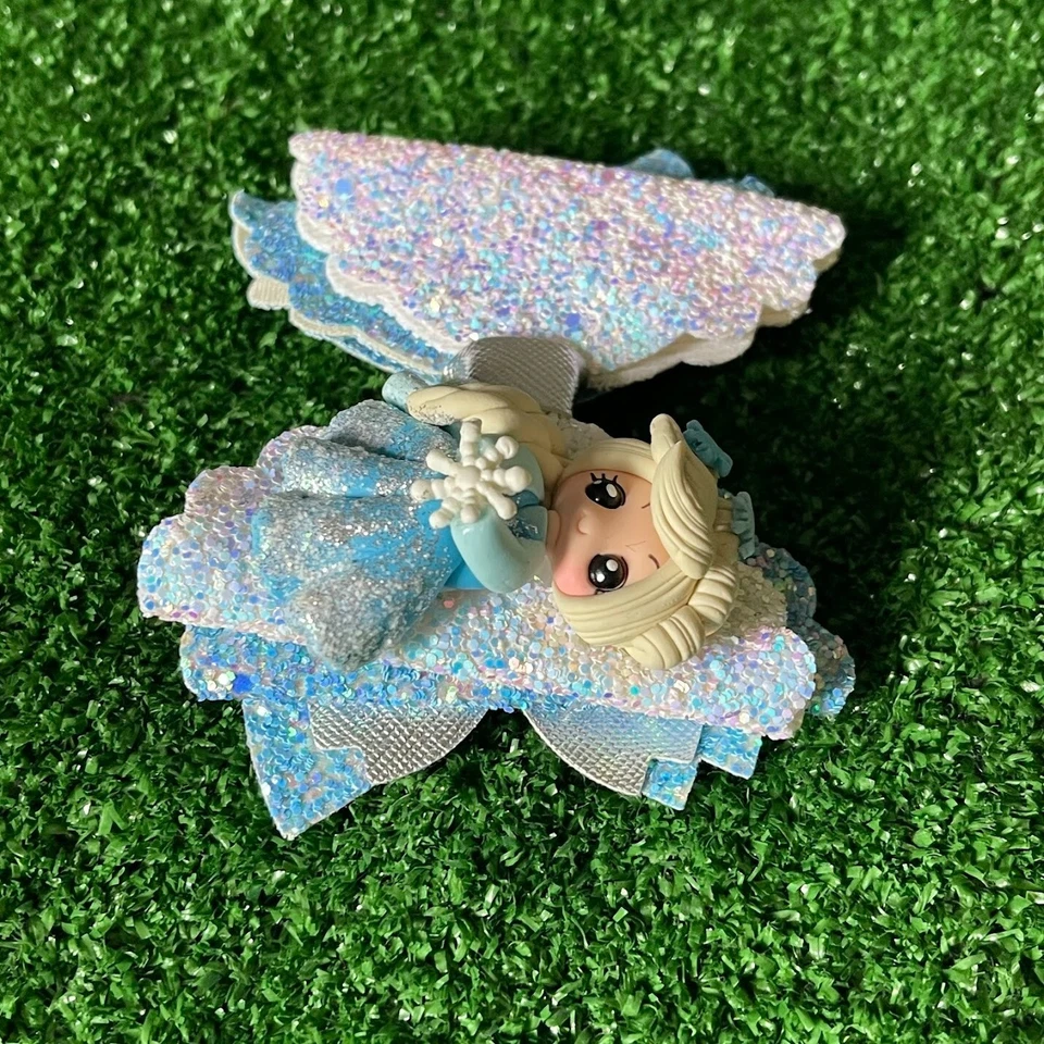 Frozen Inspired Princess Elsa Glitter Snowflake Hair Clay Bow Clip Girls NEW - Image 4 of 4