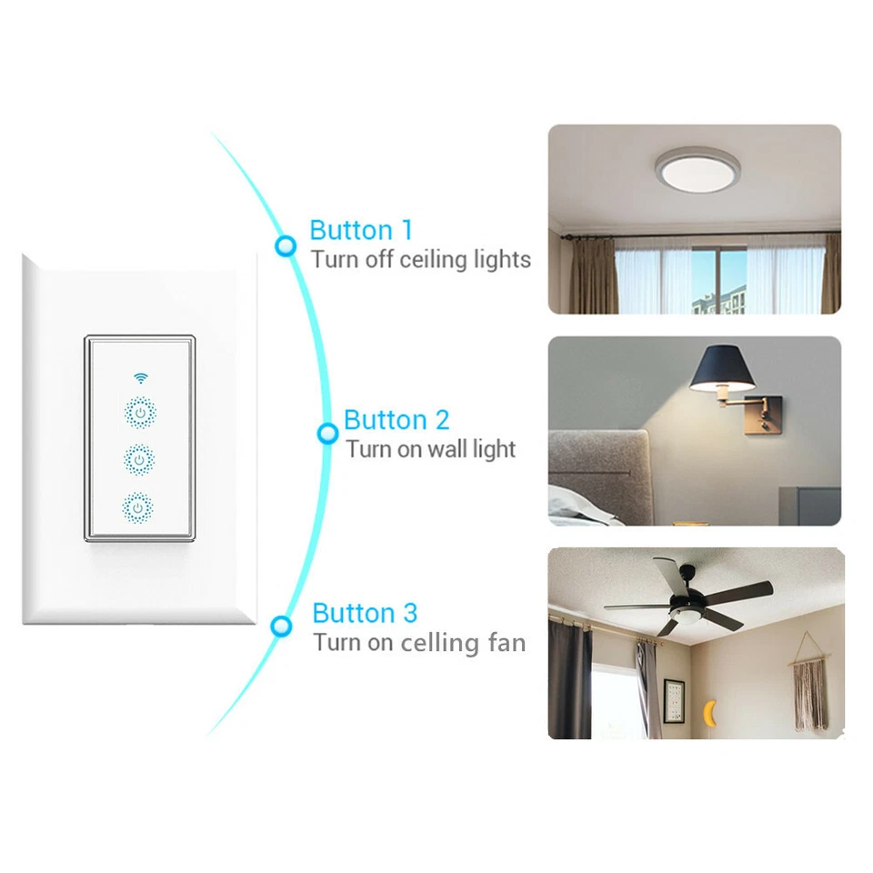 Smart Wi-Fi Switch Light & Fan 3 in1 Triple Light Switch works with Alexa Google - Image 2 of 4