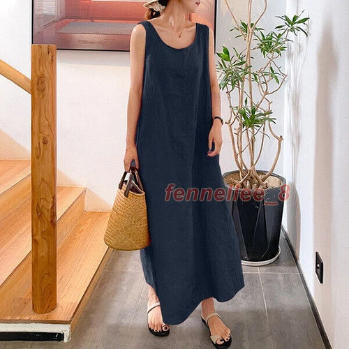 Womens Loose Camisole Dress Round Neck Cotton Linen Pocket Sleeveless Long Gown - Bild 8 von 30