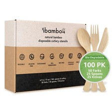 Ibambo Bamboo Utensils - 50 Forks, 25 Spoons, 25 Knives - Disposable or Reusable