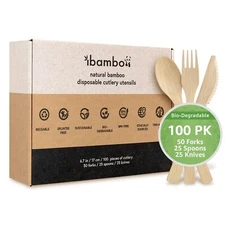 Ibambo Bamboo Utensils - 50 Forks, 25 Spoons, 25 Knives - Disposable or Reusable