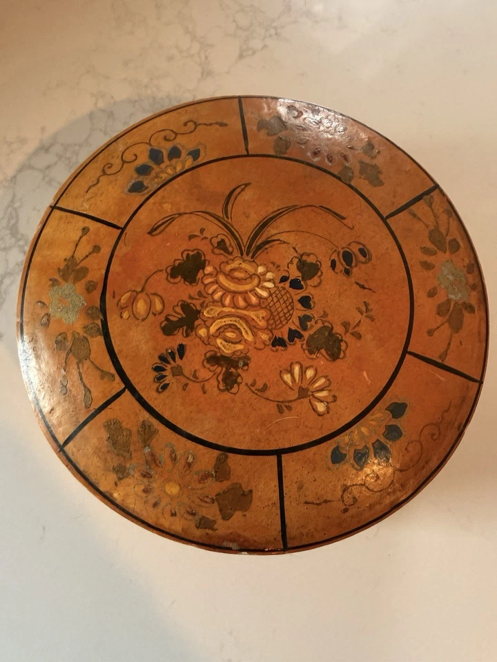 Vintage Japanese Lacquered Wood Trinket Box Hand Painted Floral 7" Round - Image 1 of 4